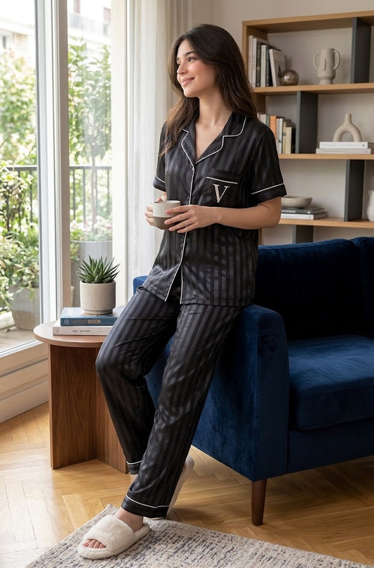 Victoria's Secret Short Sleeve Black Striped Satin