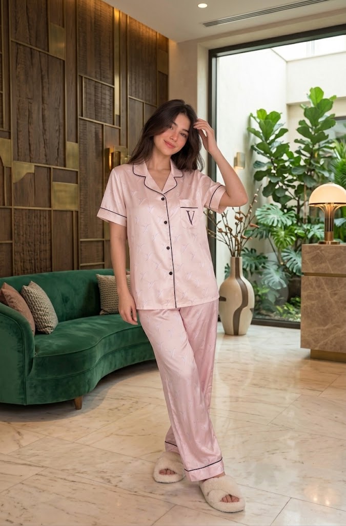 Victoria V-Monogram Satin Short Sleeve Set