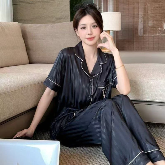 Victoria's Secret Short Sleeve Black Striped Satin