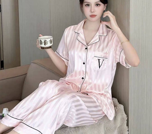 Victoria Style Striped Satin Pajamas